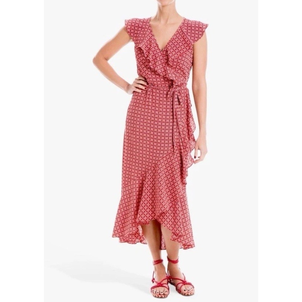 Max Studio Midi Dress Womens XS Red Ruffle Wrap Abstract Geometric Boho Feminine